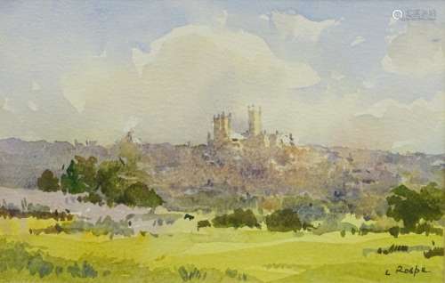 •Len Roope (1917-2005). Lincoln Cathedral from south west, watercolour, signed, 16cm x 24cm.