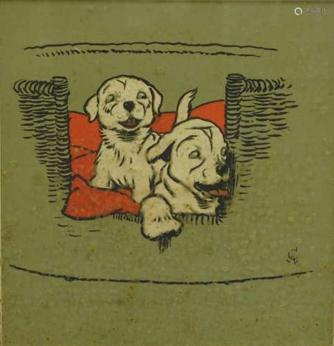 After Cecil Aldin. Two puppies in a basket, coloured lithographic print, 21.5cm x 20.5cm.