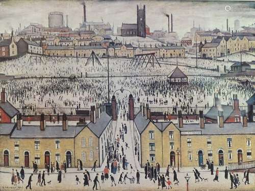 •Laurence Stephen Lowry (1887-1976). Britain at Play, artist signed coloured print, 47cm x 60.5cm.