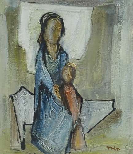 •Tadeous Was (1912-2005). Seated figures, oil, signed, 40.5cm x 34cm. Label verso The Barn Gallery