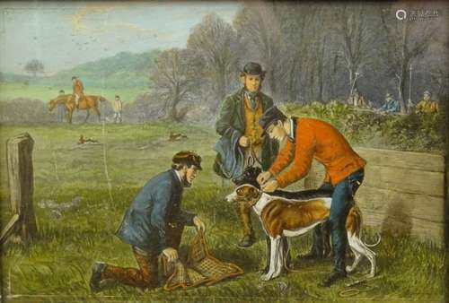 19thC/20thC British School. Hunting scenes with dogs, oil(?) - three, 12.5cm x 17.5cm (3).