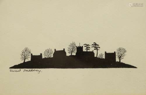 •Vincent Haddelsey (1934-2010). Church landscape - Silhouette, ink, signed, 11cm x 17cm, and another