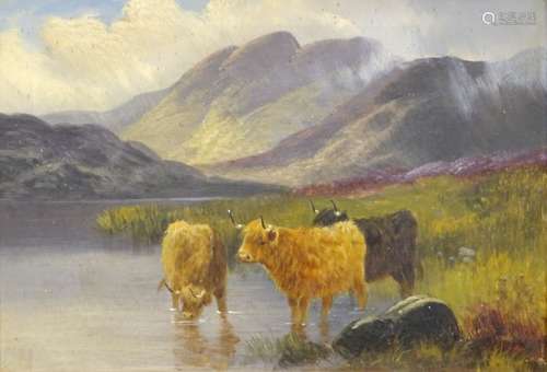 19thC British School. Cattle at waters edge, oil on canvas, 23.5cm x 34cm.