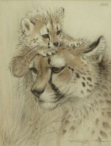 •Ralph Thompson (1913-2009). Cheetah and cub (reverse Greater Kudu), watercolour drawing, signed,