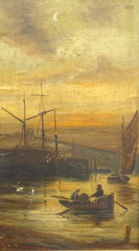W. Tucker (19thC/20thC). Harbour scene with figures in rowing boat and masted ships, oil on