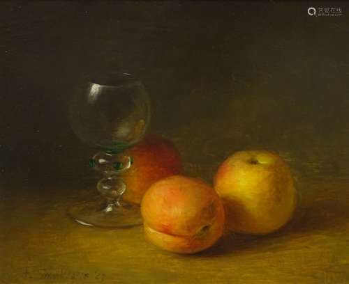 •20thC British School. Glass and fruit still life, oil on board, indistinctly signed and dated (19)