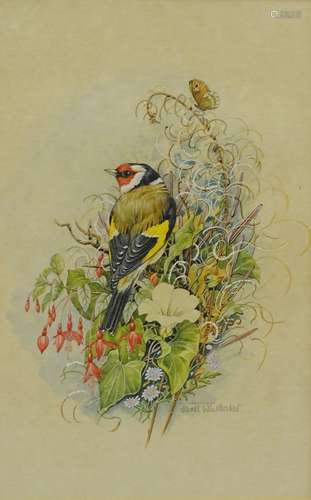 •Janet Whittaker (20thC). Goldfinch and small heath butterfly, watercolour, signed and titled verso,