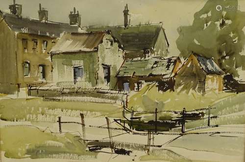 •Angus Bernard Rands (1922-1985). River scene with cottages and bridge, watercolour, indistinctly