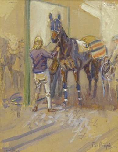 •Peter Biegel (1913-1987). Saddling stalls at Newbury, watercolour, signed, 28cm x 22cm, label verso