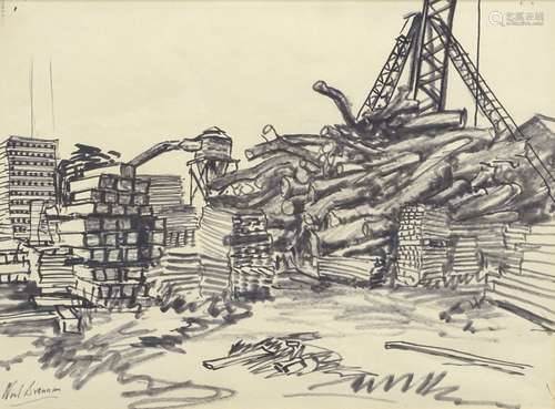 •Noel Rowston Brannan (1921-2001). Industrial yard, felt pen, signed, 27cm x 36.5cm.