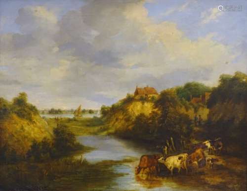 19thC British School. River landscape with sailing boats, cottage and cattle watering, oil on