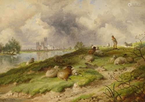 Thomas George Cooper (1836-1901). Canterbury Cathedral from Stour meadows with shepherd and sheep in
