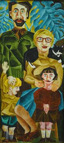 •Eric Blood (b.1931). Family group, oil on board, 183cm x 84cm. Label verso.