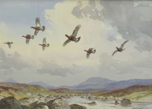 •John Cyril Harrison (1898-1985). Red Grouse in flight over a highland river, watercolour, signed,