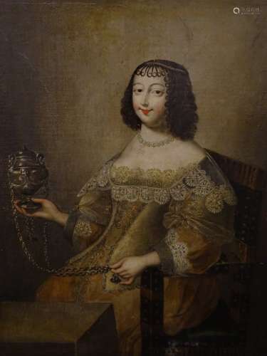 17thC Continental School. Portrait of a lady holding a censer, oil on canvas, 114cm x 90cm.