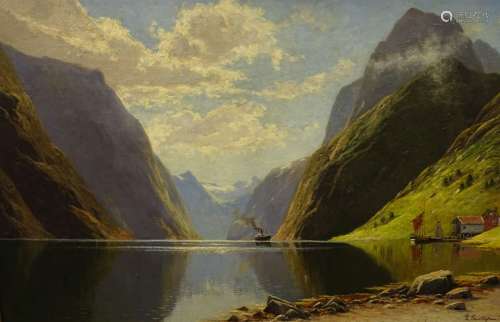 Elisabeth Grattefien-Kiekebusch (1871-?). Sognefjord, Norway, oil on board, signed, 76cm x 117.5cm.