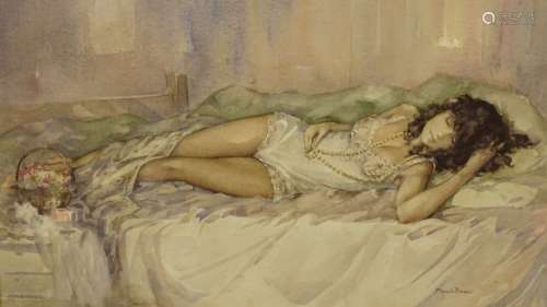 •Francis A. Boxall (20thC). Verity reclining, watercolour, signed and inscribed verso, Verity,
