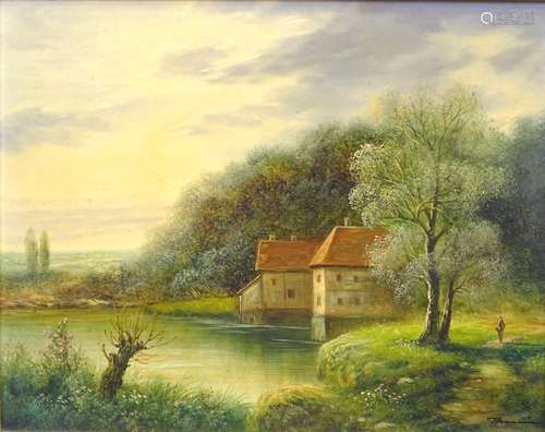 •20thC Continental School. River scene with farmhouse and figure, oil on panel, indistintly