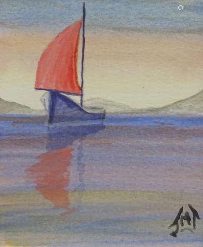 •J.M.T. Sailing yacht, watercolour, monogrammed, 12cm x 9cm and four other works.