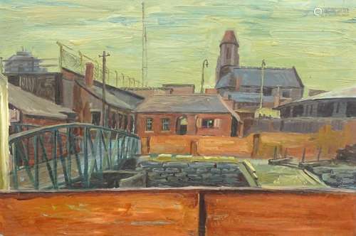 •Noel Rowston Brannan (1921-2001). Industrial scene, oil on board, titled verso, 30.5cm x 46cm.