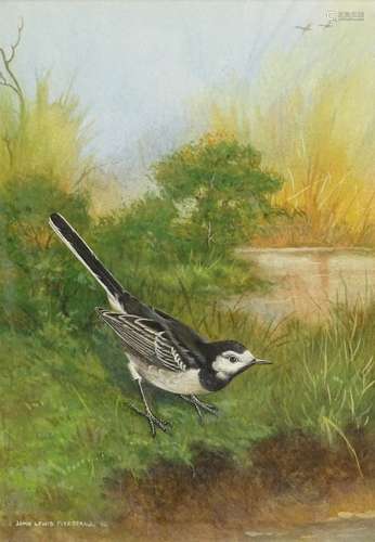 •John Lewis Fitgerald (b.1945). Study of a Pied Wagtail on the banks of a pool, watercolour with