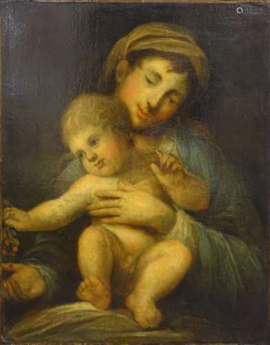 18thC Continental School. Mother and child, oil on canvas, 64cm x 50cm. Stencil mark verso 567 D.V.