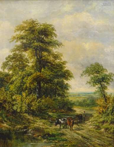 H.W. Reed (19thC). Driving cattle in country landscape, oil on board, signed, 54.5cm x 42.5cm.