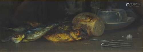 19thC School. Fish still life, oil on canvas, indistinctly signed, 21.5cm x 69.5cm.