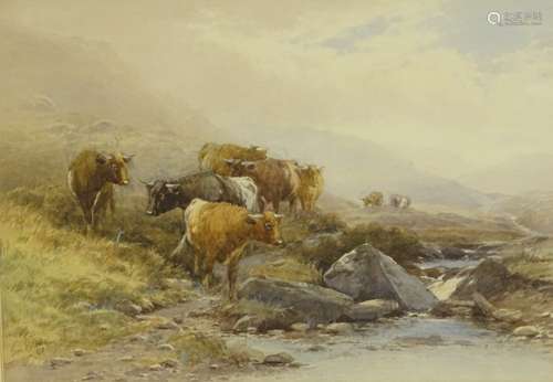 •Tom Rowden (1842-1926). Cattle by mountain stream, watercolour, signed and dated (19)07, 33cm x