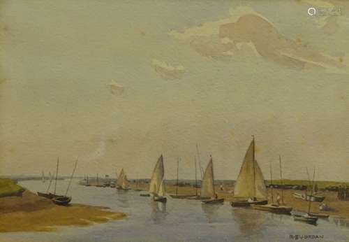 •R.E. Jordon (20thC). Sailing boats in estuary, watercolour, signed, 20cm x 29cm.