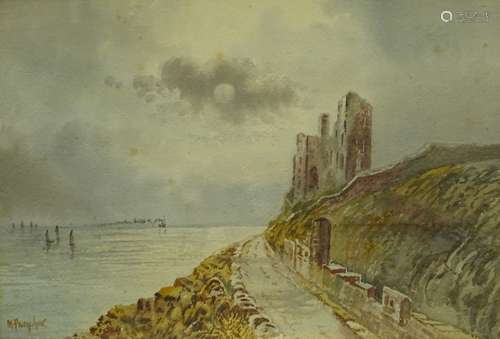 •M. Parryhouse(?) (19thC/20thC). Coastal castle with steamship and sailing boats, watercolour,