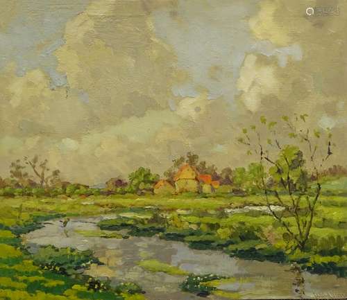 •Edward Seago (1910-1974). Farmstead in river landscape, oil on board, signed, 45.5cm x 53.5cm.