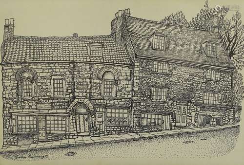 •Gordon Cumming (20thC). Jews House, Lincoln, drawing, signed and dated (19)72, 39cm x 58cm.