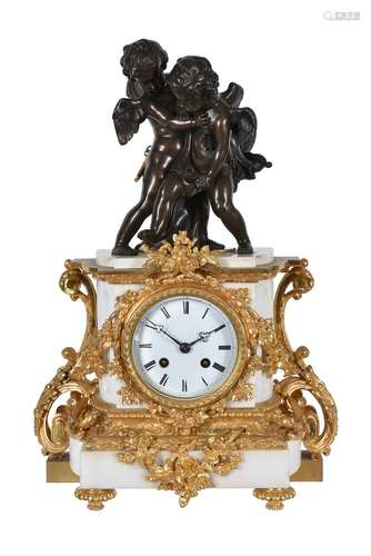 A late 19th century French white marble, ormolu and bronze mounted mantel clock