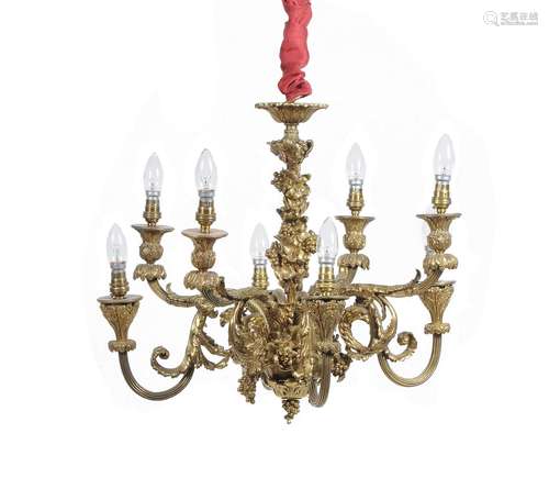 A French gilt metal eight light chandelier in Louis XVI style