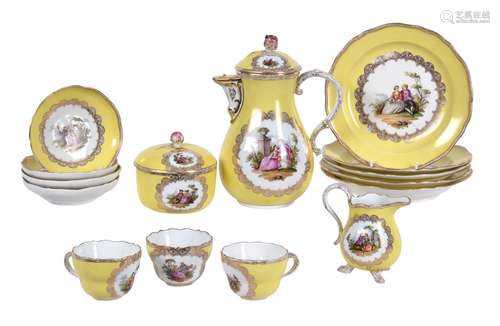 A Meissen (outside decorated) yellow-ground part coffee service