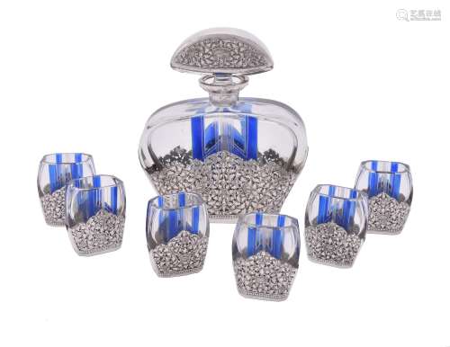 A Bohemian Art Deco blue flash liqueur set with Indian silver mounts