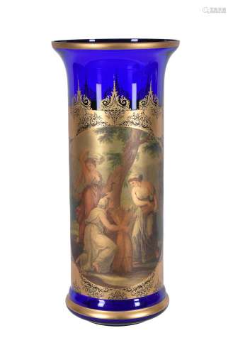 A modern Venetian blue glass and gilt cylindrical vase