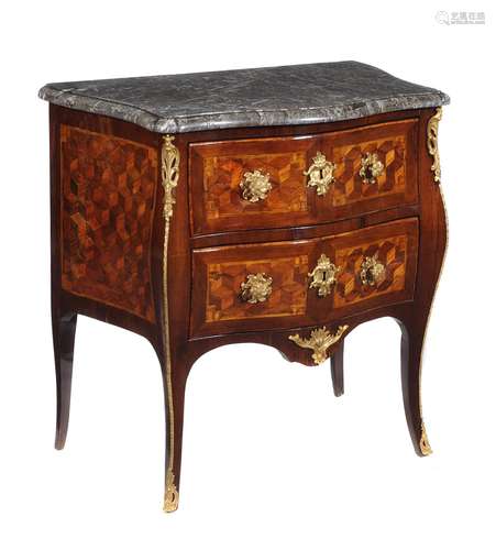 A French rosewood, parquetry inlaid, and gilt metal mounted petite commode