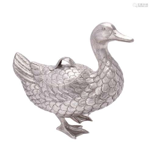 A Portuguese silver coloured novelty large duck tureen or box