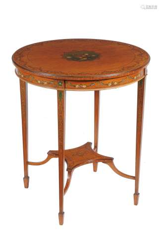A Sheraton Revival satinwood and polychrome painted occasional table