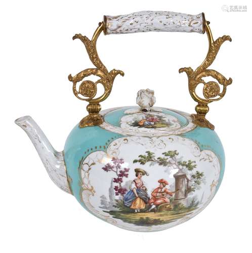 A Meissen (outside decorated) gilt-metal mounted kettle and cover