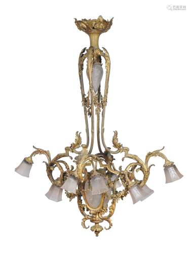 A French gilt bronze and frosted glass electrolier