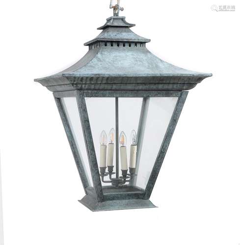 A companion pair of verdigris copper porch lights