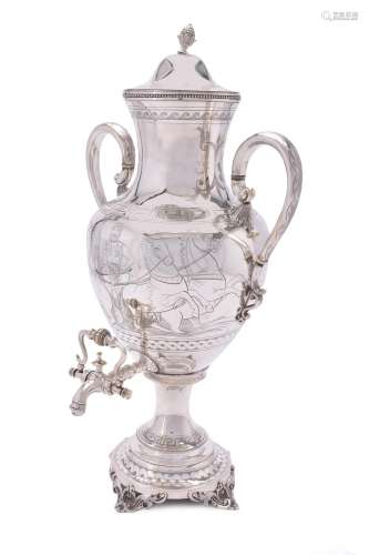 A Victorian silver tea urn, cover and liner by Derry & Jones