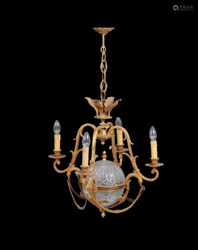 A gilt metal and moulded glass four light chandelier