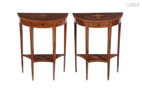 A pair of Edwardian mahogany, crossbanded and marquetry occasional tables