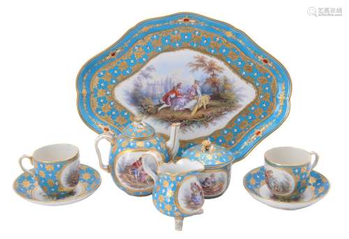 A French porcelain Sevres-style turquoise-ground tête-à-tête cabaret tea service