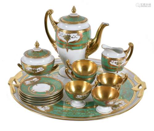 A Continental green and gilt part coffee service