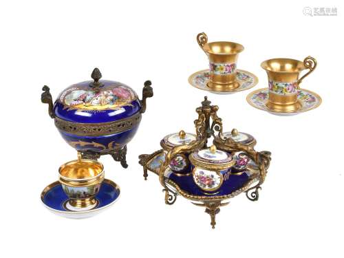A French porcelain Sevres-style and gilt metal mounted tripartite desk stand